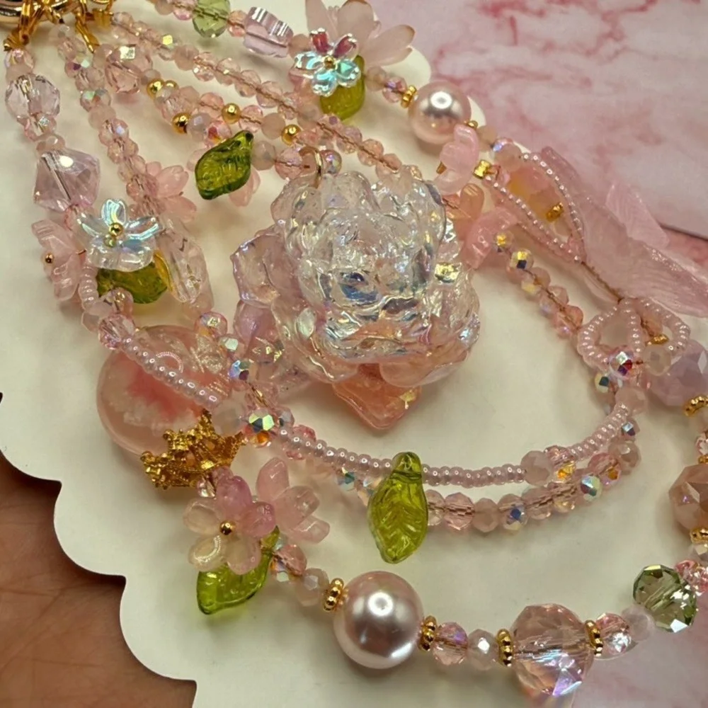 Rose Butterfly Pink Crystal Beaded Garden Phone Wristlet Bag Charm Keychain